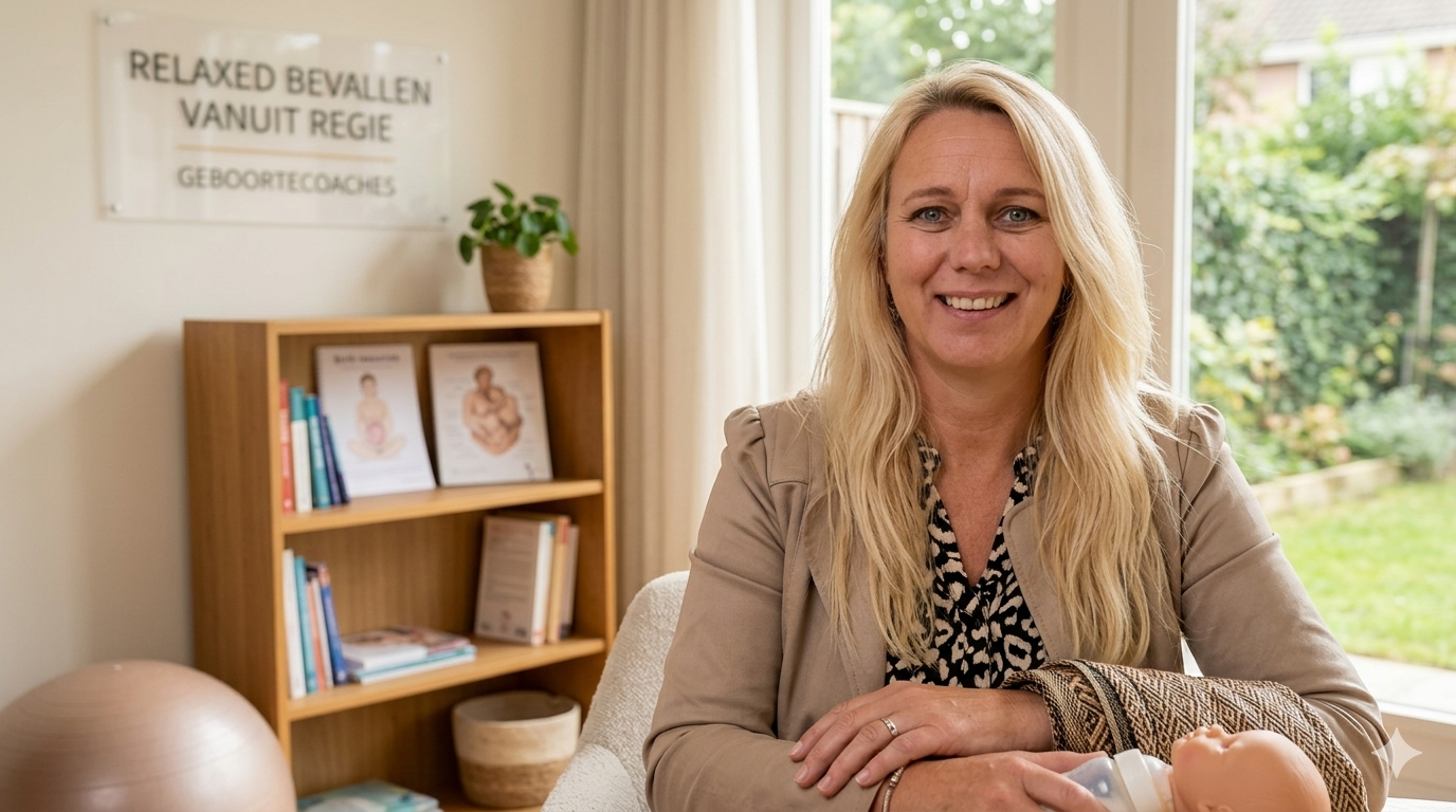 Julia in haar praktijkruimte met bord 'Relaxed Bevallen vanuit Regie' en boekenkastje op de achtergrond
