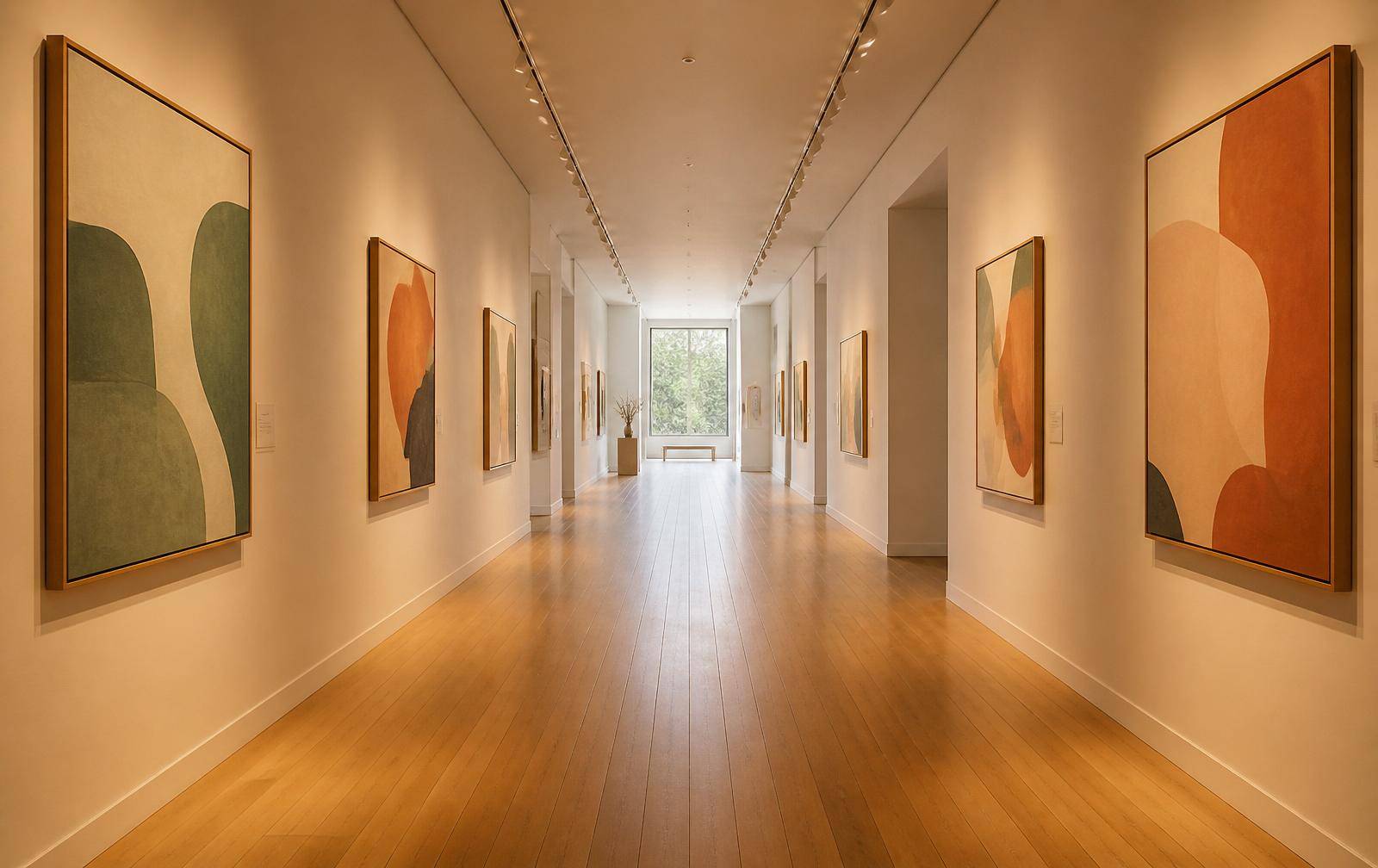 Kunstgalerie met een gang vol schilderijen